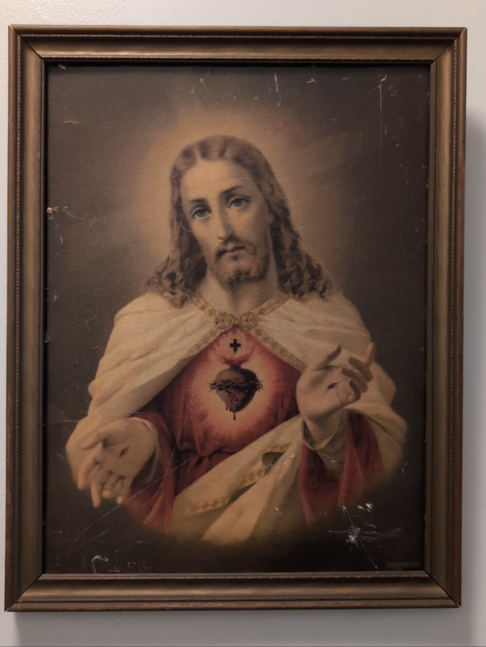 Vintage mid century Jesus Christ Sacred Heart Swiss framed lithograph print